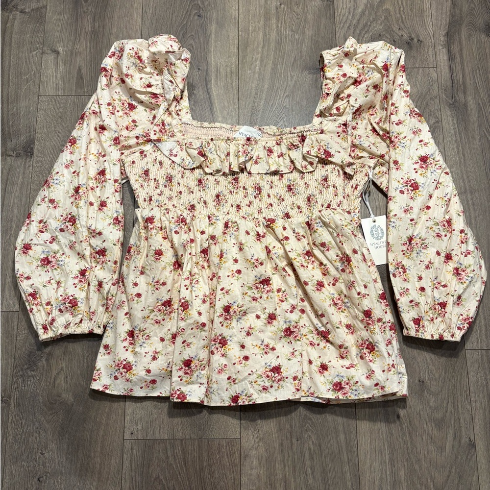 Hyacinth House Women's Cream & Red Floral Squareneck Smocked Blouse Size XL NWT